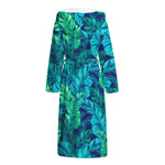 Turquoise Tropical Leaf Pattern Print Hooded Bathrobe
