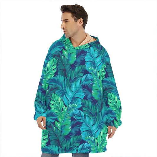 Turquoise Tropical Leaf Pattern Print Hoodie Blanket