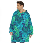 Turquoise Tropical Leaf Pattern Print Hoodie Blanket