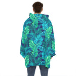 Turquoise Tropical Leaf Pattern Print Hoodie Blanket