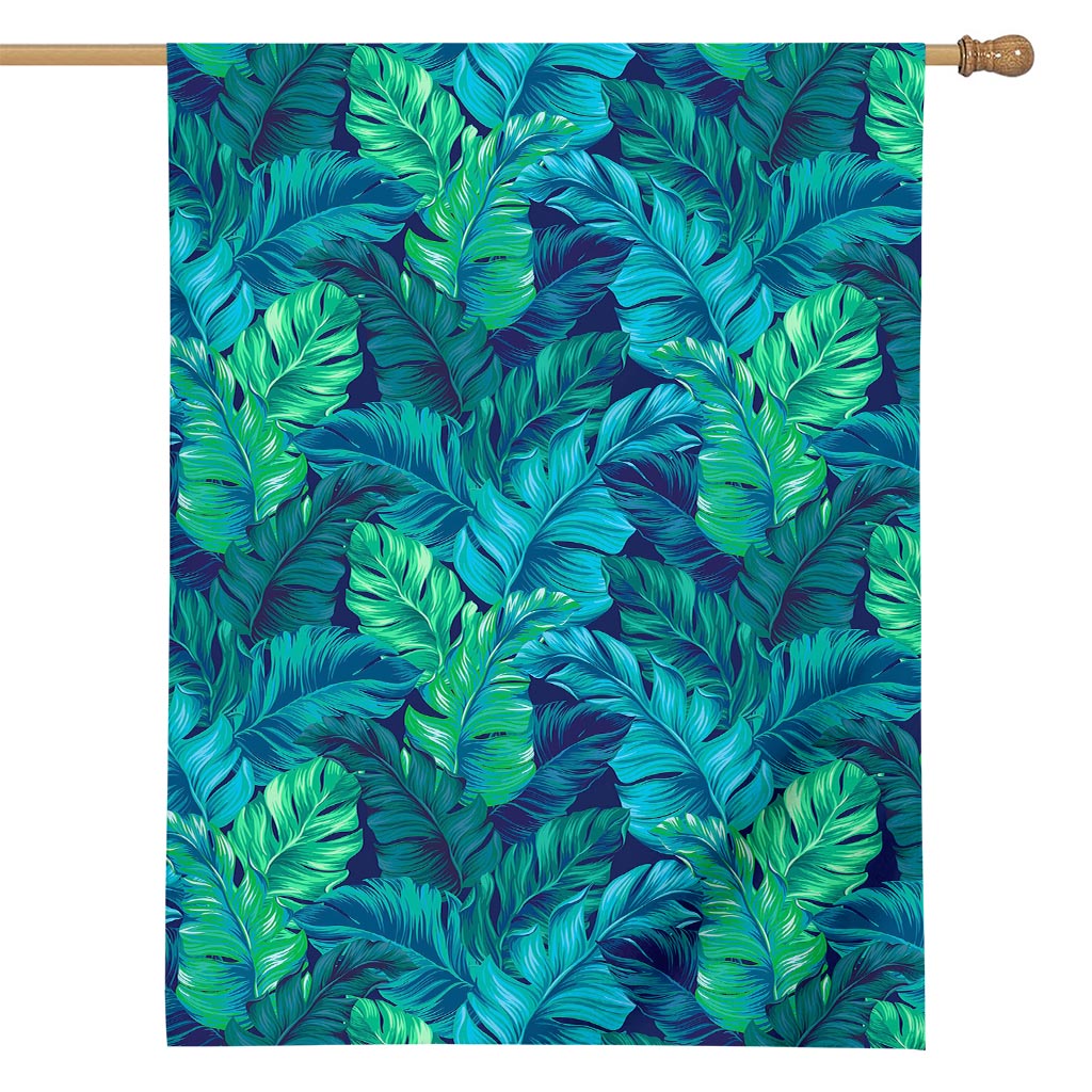 Turquoise Tropical Leaf Pattern Print House Flag