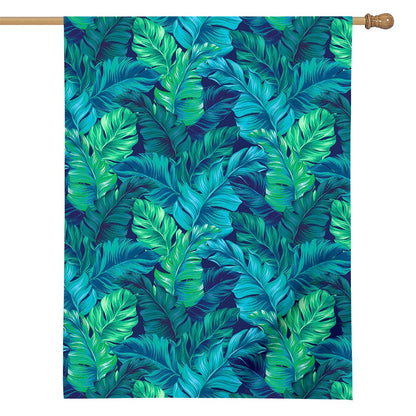 Turquoise Tropical Leaf Pattern Print House Flag