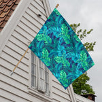 Turquoise Tropical Leaf Pattern Print House Flag