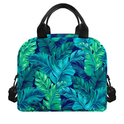 Turquoise Tropical Leaf Pattern Print Insulated Lunch Bag
