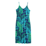 Turquoise Tropical Leaf Pattern Print Jersey Midi Cami Dress