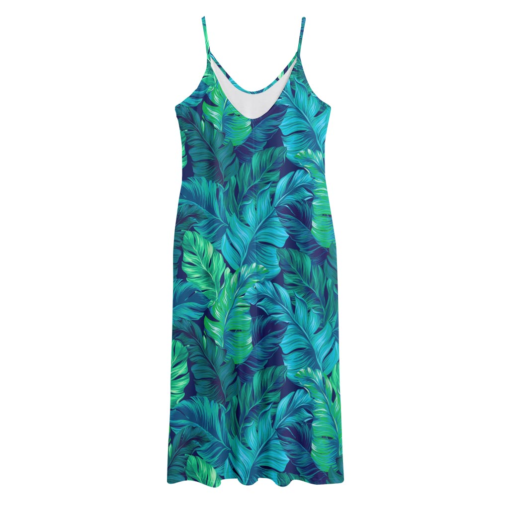 Turquoise Tropical Leaf Pattern Print Jersey Midi Cami Dress