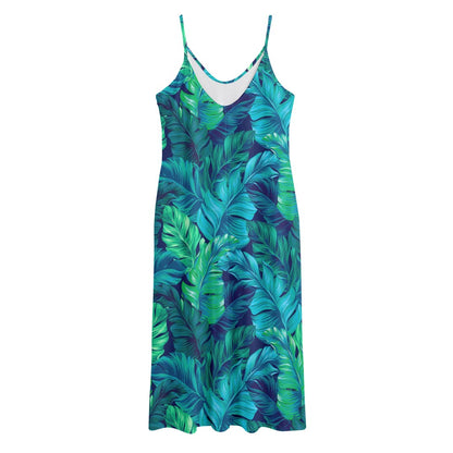 Turquoise Tropical Leaf Pattern Print Jersey Midi Cami Dress
