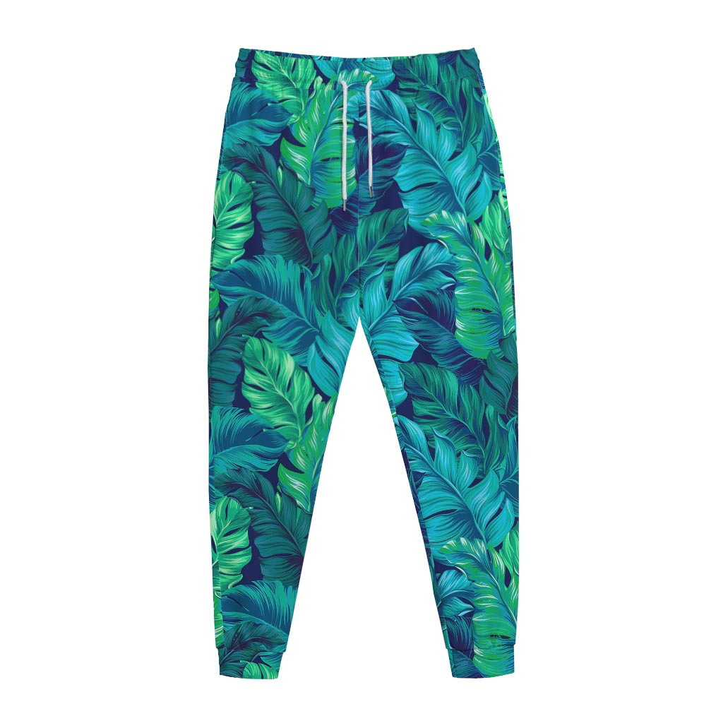 Turquoise Tropical Leaf Pattern Print Jogger Pants