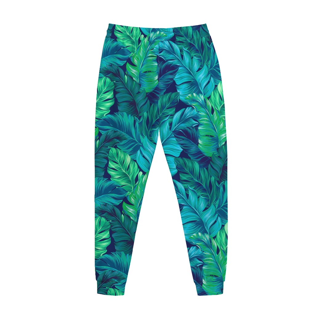 Turquoise Tropical Leaf Pattern Print Jogger Pants