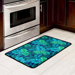 Turquoise Tropical Leaf Pattern Print Kitchen Mat