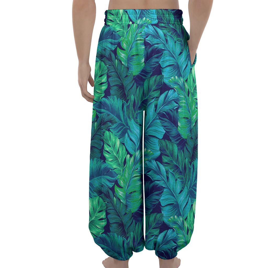 Turquoise Tropical Leaf Pattern Print Lantern Pants