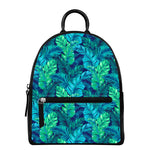 Turquoise Tropical Leaf Pattern Print Leather Backpack