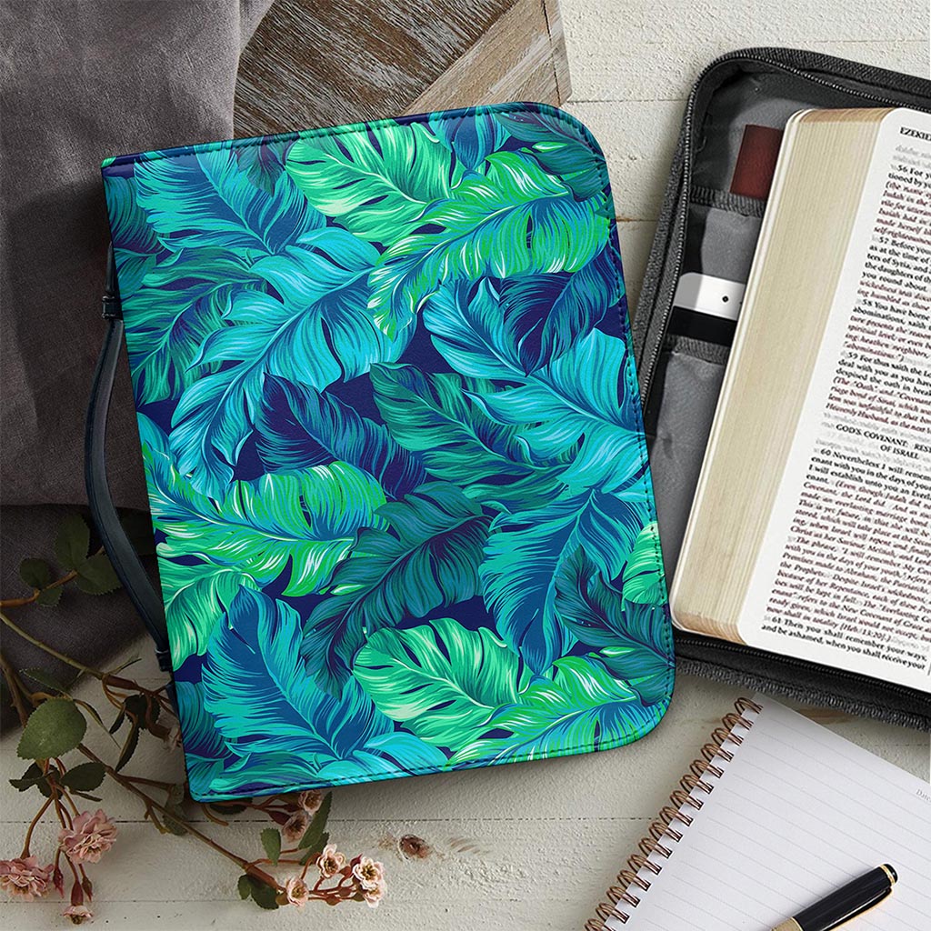 Turquoise Tropical Leaf Pattern Print Leather Bible Cover