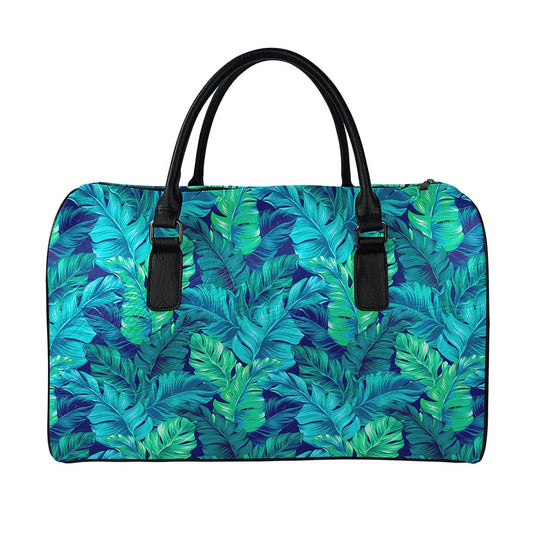 Turquoise Tropical Leaf Pattern Print Leather Duffle Bag