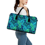 Turquoise Tropical Leaf Pattern Print Leather Duffle Bag