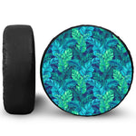 Turquoise Tropical Leaf Pattern Print Leather Spare Tire Cover