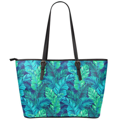 Turquoise Tropical Leaf Pattern Print Leather Tote Bag