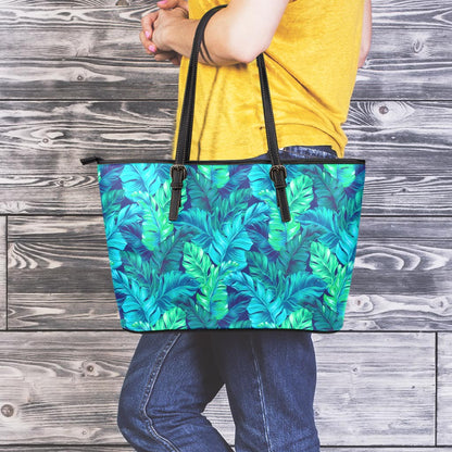 Turquoise Tropical Leaf Pattern Print Leather Tote Bag