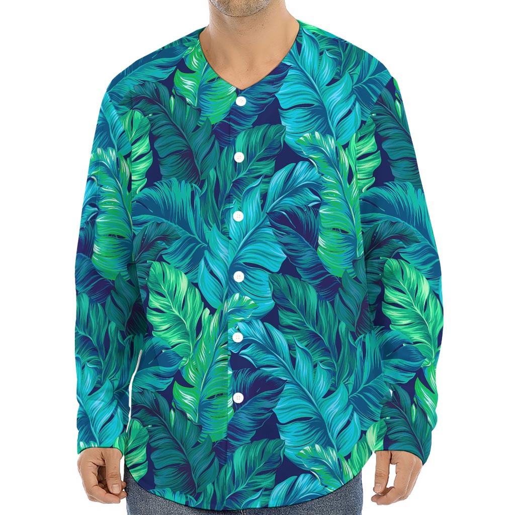 Turquoise Tropical Leaf Pattern Print Long Sleeve Baseball Jersey