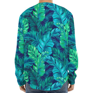 Turquoise Tropical Leaf Pattern Print Long Sleeve Baseball Jersey