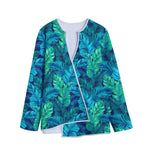 Turquoise Tropical Leaf Pattern Print Long Sleeve Short Coat