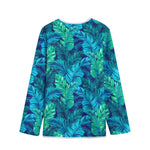 Turquoise Tropical Leaf Pattern Print Long Sleeve Short Coat