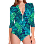Turquoise Tropical Leaf Pattern Print Long Sleeve Swimsuit