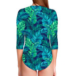 Turquoise Tropical Leaf Pattern Print Long Sleeve Swimsuit