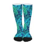 Turquoise Tropical Leaf Pattern Print Long Socks