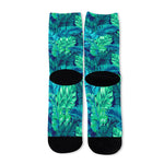 Turquoise Tropical Leaf Pattern Print Long Socks