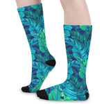 Turquoise Tropical Leaf Pattern Print Long Socks