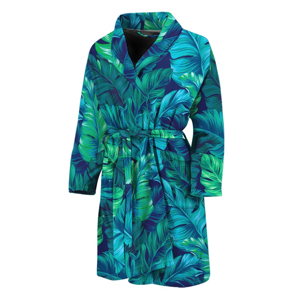 Turquoise Tropical Leaf Pattern Print Men's Bathrobe