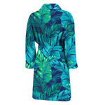 Turquoise Tropical Leaf Pattern Print Men's Bathrobe