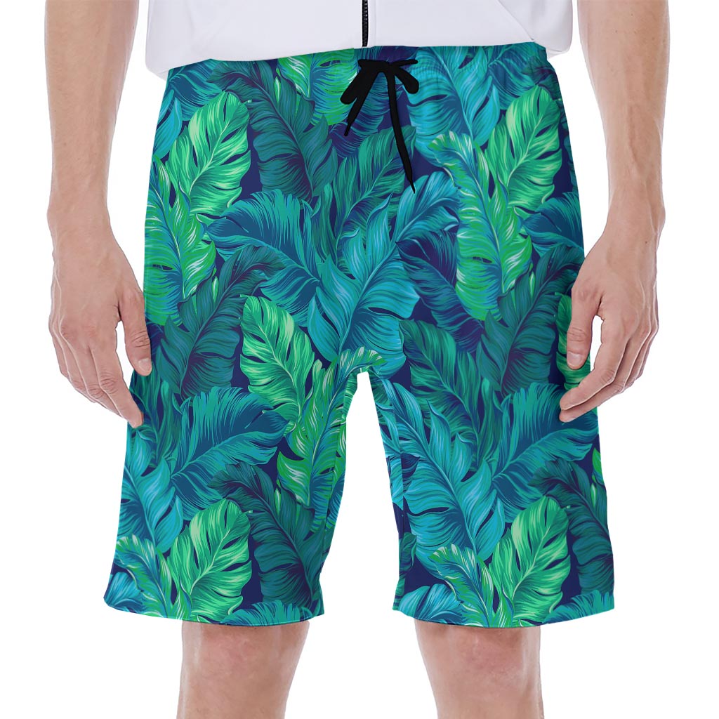Turquoise Tropical Leaf Pattern Print Men's Beach Shorts