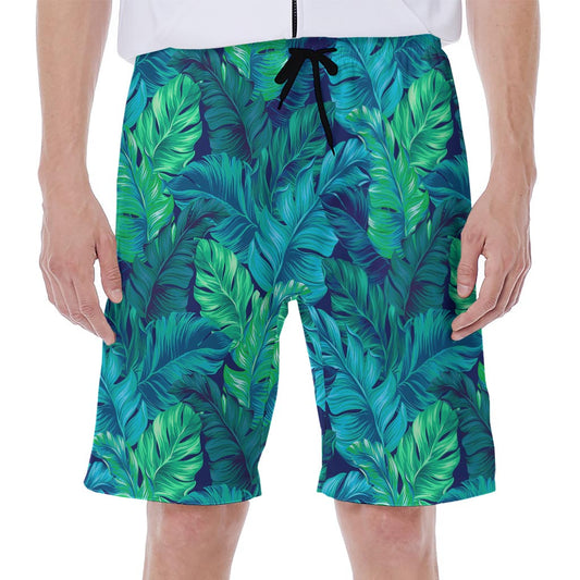 Turquoise Tropical Leaf Pattern Print Men's Beach Shorts