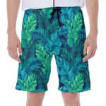 Turquoise Tropical Leaf Pattern Print Men's Beach Shorts