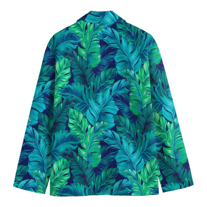 Turquoise Tropical Leaf Pattern Print Men's Blazer