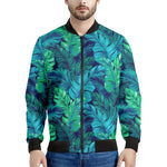 Turquoise Tropical Leaf Pattern Print Men's Bomber Jacket