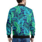 Turquoise Tropical Leaf Pattern Print Men's Bomber Jacket
