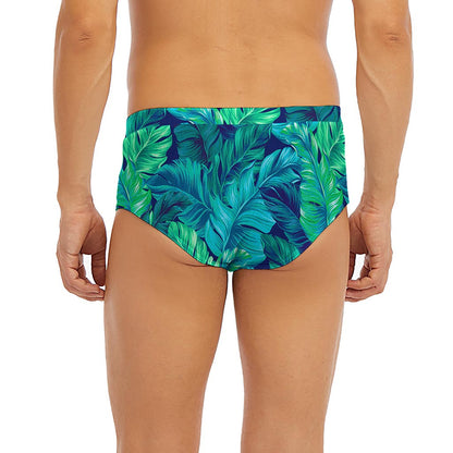 Turquoise Tropical Leaf Pattern Print Men's Briefs