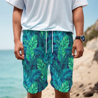 Turquoise Tropical Leaf Pattern Print Men's Cargo Shorts