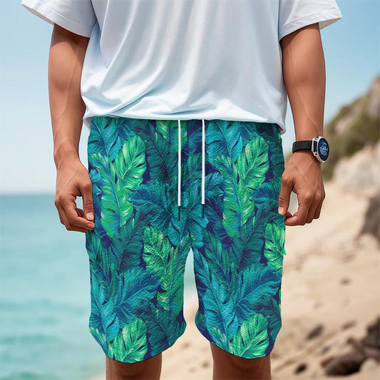 Turquoise Tropical Leaf Pattern Print Men's Cargo Shorts