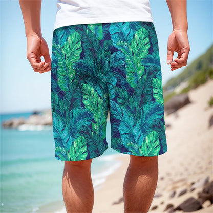 Turquoise Tropical Leaf Pattern Print Men's Cargo Shorts