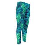 Turquoise Tropical Leaf Pattern Print Men's Compression Pants