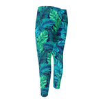 Turquoise Tropical Leaf Pattern Print Men's Compression Pants