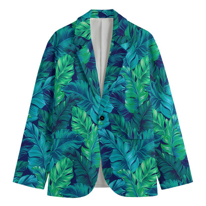 Turquoise Tropical Leaf Pattern Print Men's Cotton Blazer