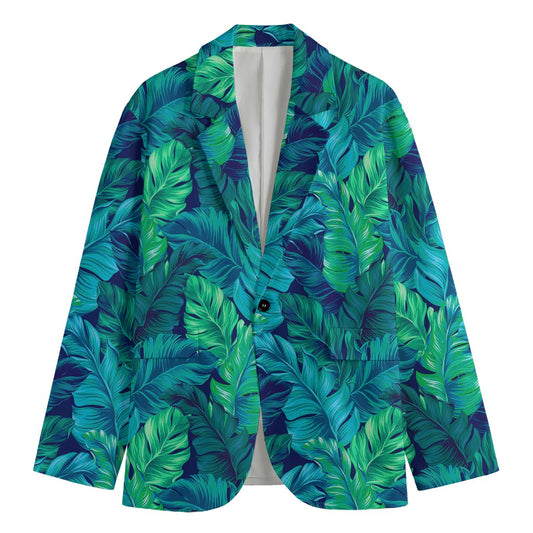 Turquoise Tropical Leaf Pattern Print Men's Cotton Blazer