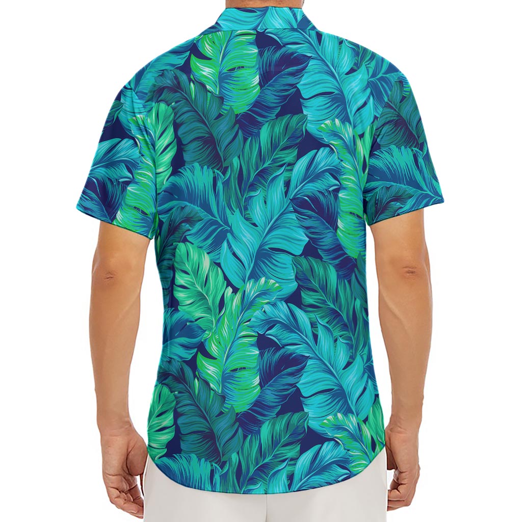 Turquoise Tropical Leaf Pattern Print Men's Deep V-Neck Shirt