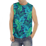 Turquoise Tropical Leaf Pattern Print Men's Fitness Tank Top