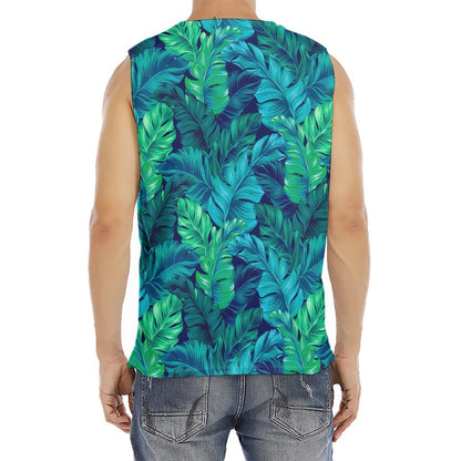 Turquoise Tropical Leaf Pattern Print Men's Fitness Tank Top